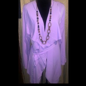Thin Lavender Loose Long Sleeve belted Blouse